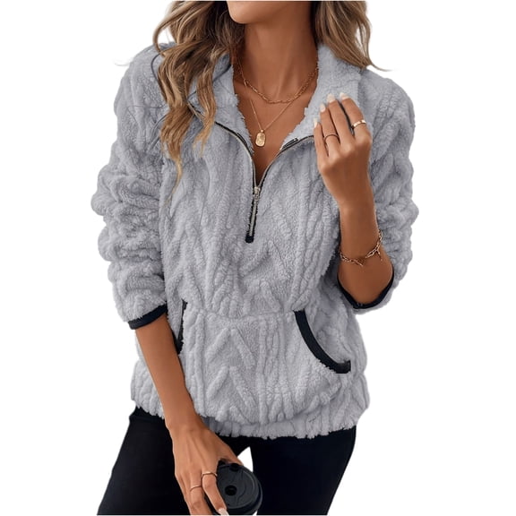 Stichou Quarter Zip Pullover Women Cable Fuzzy Fleece Pullover Sherpa Fall Warm Oversized Long Sleeve Sweatshirt with Pocket Light Gray M