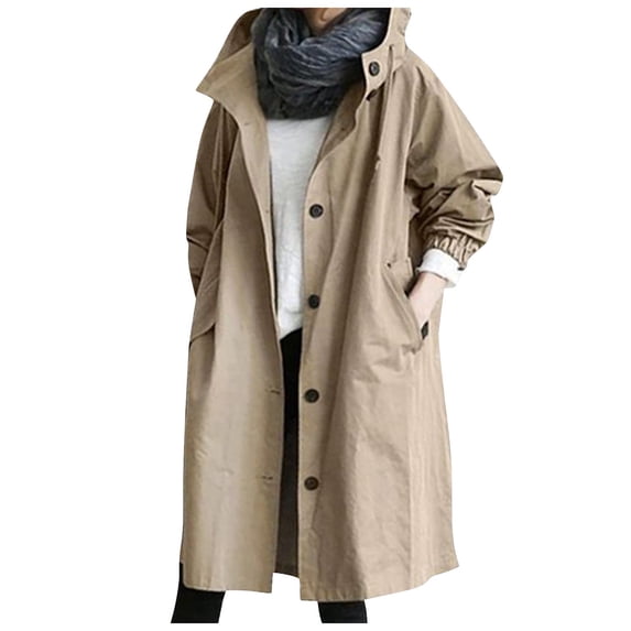 Stichou Raincoat Women Waterproof Hooded Trench Coat Button Down Long Rain Jackets Lightweight Outdoor Rain Coats Windbreaker Khaki M