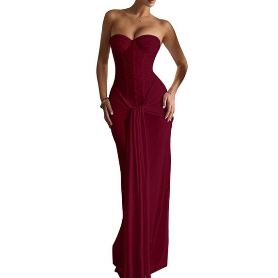 Stichou Satin Bridesmaid Dresses for Women 2026 Strapless Long Formal Wedding Party Gown Wine S