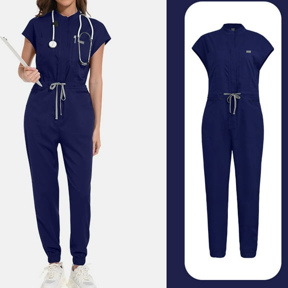 Stichou Scrub for Women,Scrub Sets Jumpsuit,Stretch,Loose Fit Top and Pants Set with Pockets Navy S