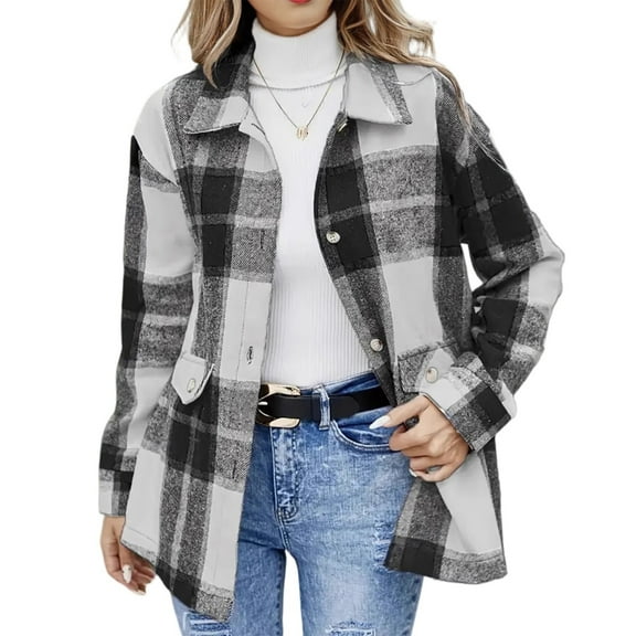 Stichou Shacket Jacket Women Casual Flannel Plaid Long Sleeve Lapel Button Down Shirts Fall Winter fashion Coat Black XL