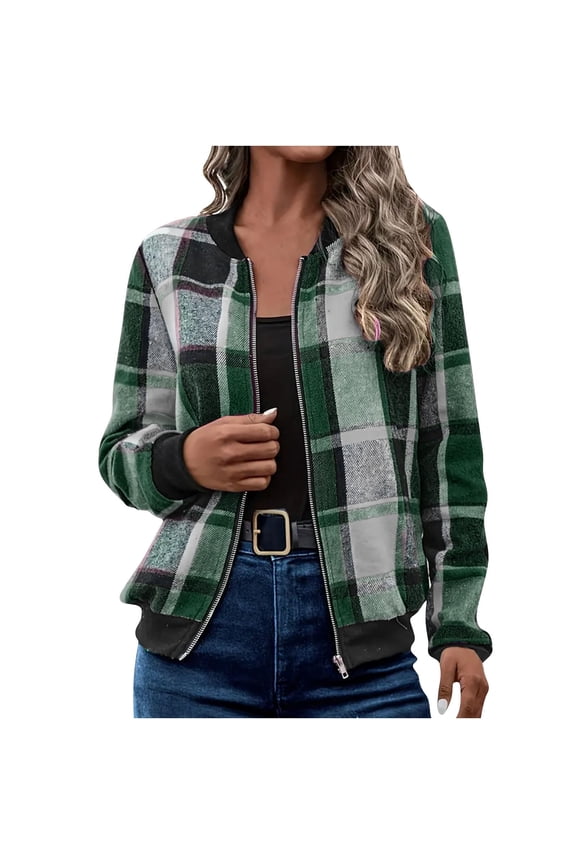 Shackets for Women 2025 Fashion Casual Zip Up Flannel Plaid Jackets Long Sleeve Baggy Outwear Coat Fall Clothes Green L