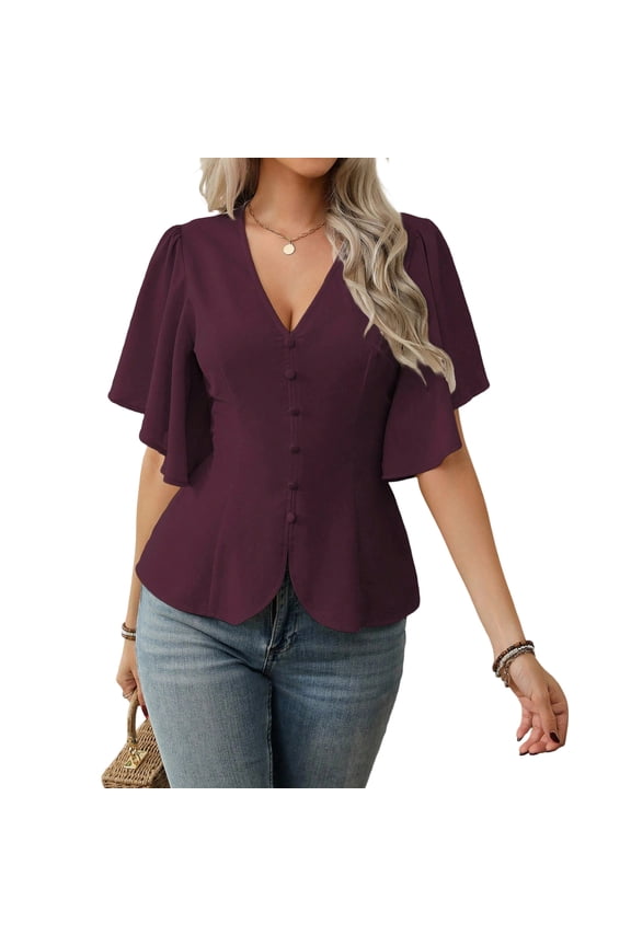 Shirts for Women 2026 Casual V Neck Tops Half Sleeve Elegant Spring Summer Fashion Blouses Solid Button Blouses Wine XL
