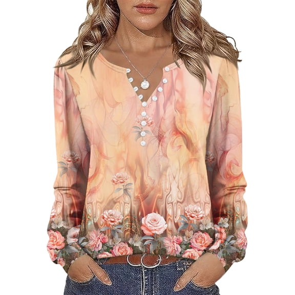 Stichou Shirts for Women Henley Casual Floral Print Tops Long Sleeve Soft Button Blouse Winter Trendy T-Shirts Pink S