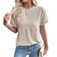 thumbnail image 1 of Stichou Short Sleeve Shirts for Women Casual Spring Summer Tops Ribbed Knit Striped Womens Tops Crewneck Loose Fit T Shirts Beige L, 1 of 4