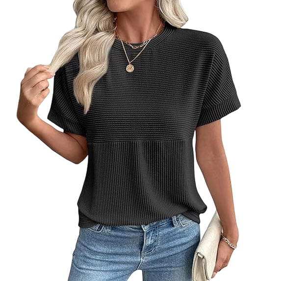 Stichou Short Sleeve Shirts for Women Crewneck Color Block Knit Tops Spring Fall Trendy Cap Sleeve Vest Tee Black 2XL