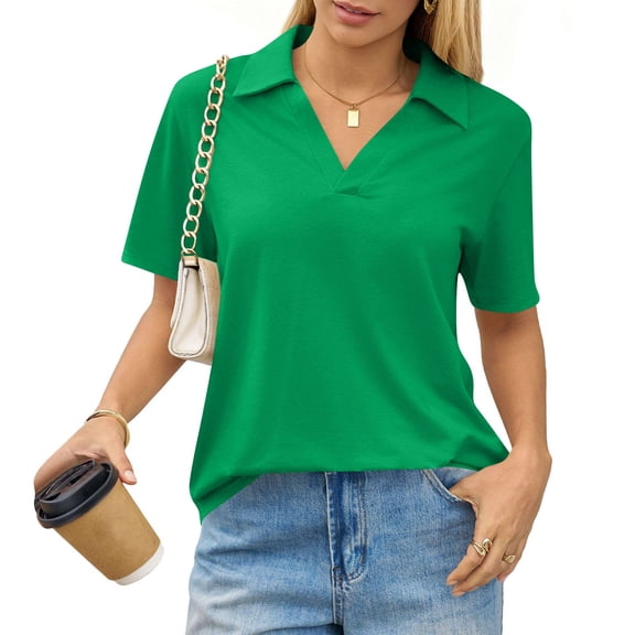 Stichou Short Sleeve Womens Tops Dressy Casual V Neck Polo Shirts Business Work Blouses 2026 Trendy Tunic Top Green 2XL