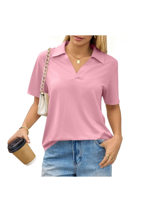Short Sleeve Womens Tops Dressy Casual V Neck Polo Shirts Business Work Blouses 2026 Trendy Tunic Top Pink 2XL