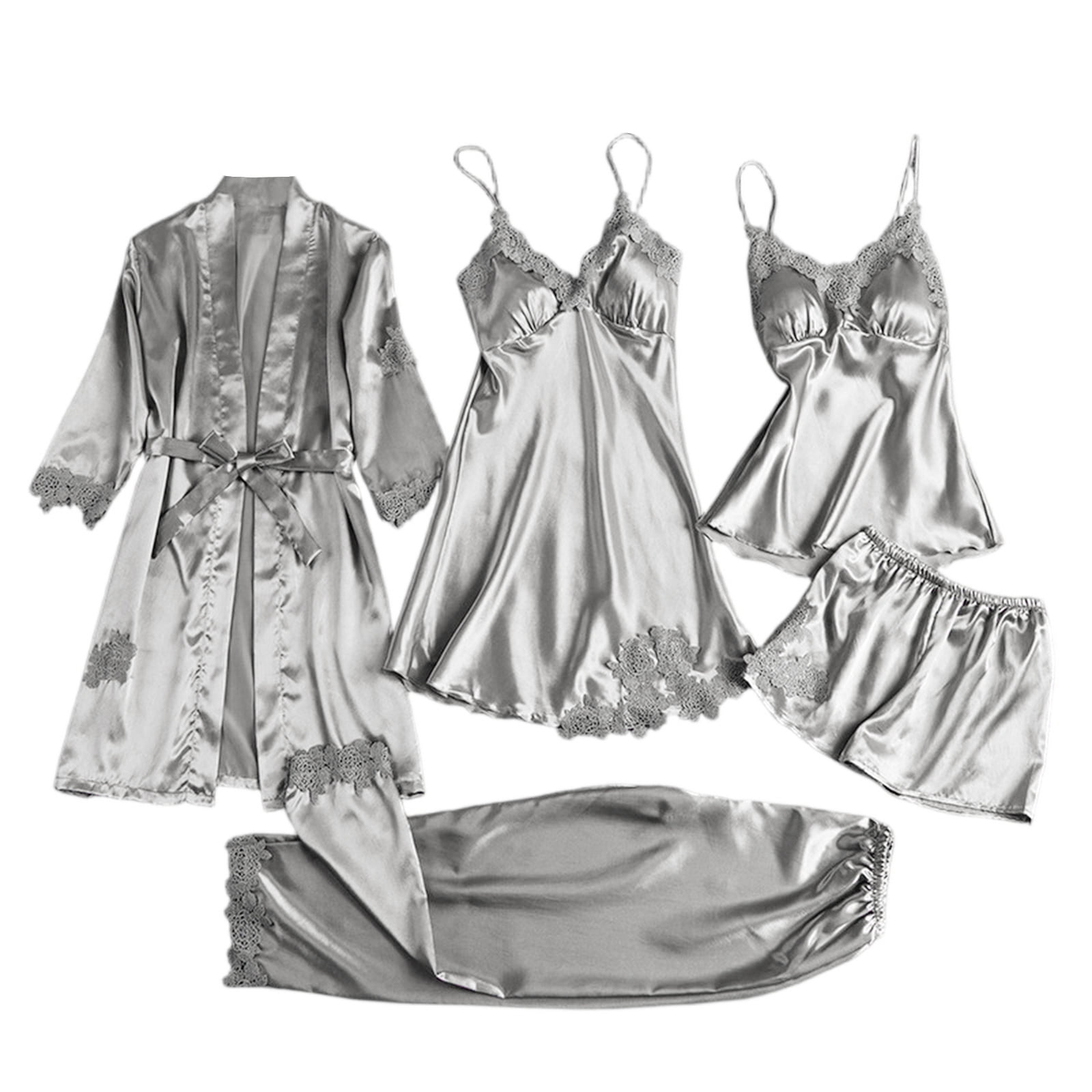 Cosier Stichou Silk Pajamas Set for Women Silk Lace Robe Dress Sleepwear ...