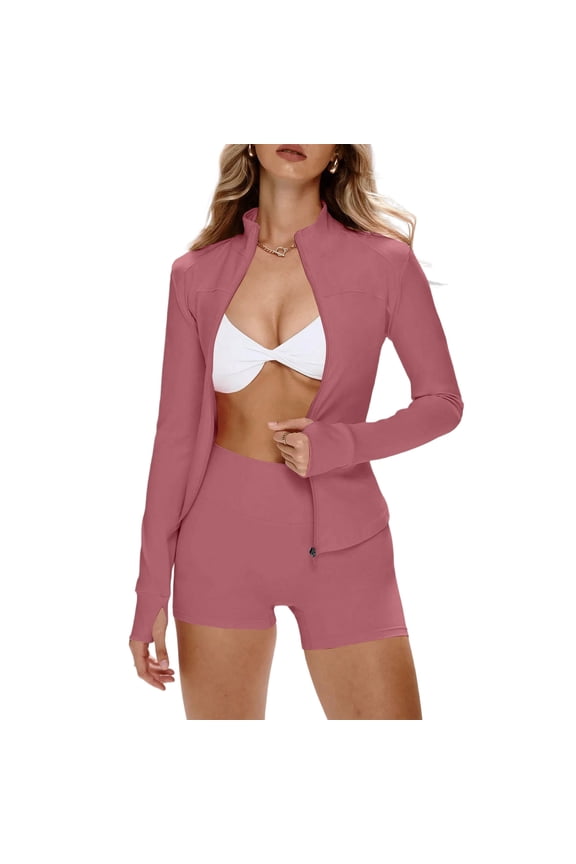 Sporty Jackets for Women Lightweight Minimalist & Fashionable Style 2 Piece Outfit Set Running Yoga Jacket & Sorts,Combining Collegiate And Athletic Hot Pink L