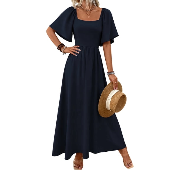 Stichou Square Neck Bridesmaid Dresses for Women Elegant Flutter Sleeves Evening Formal Dress Navy 2XL