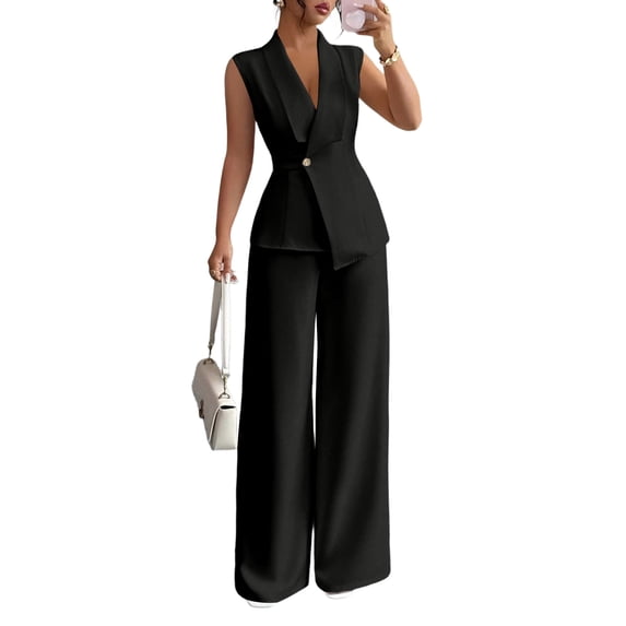 Stichou Suits 2 Piece Set for Women Sophisticated One Button Blazer Wide Leg Trousers Set Professional Office Work Casual Solid Outfits Black S