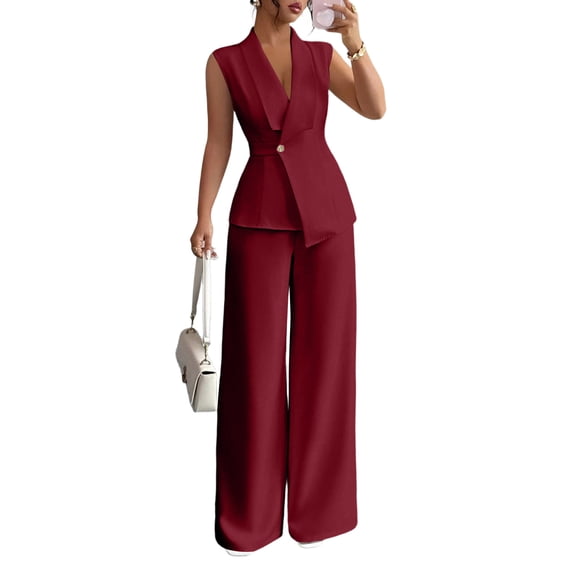 Stichou Suits 2 Piece Set for Women Sophisticated One Button Blazer Wide Leg Trousers Set Professional Office Work Casual Solid Outfits Red L