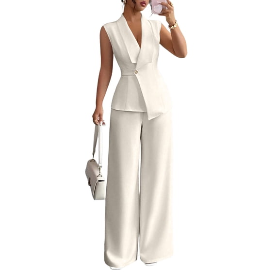 Stichou Suits 2 Piece Set for Women Sophisticated One Button Blazer Wide Leg Trousers Set Professional 2026 Office Work Casual Solid Outfits White M