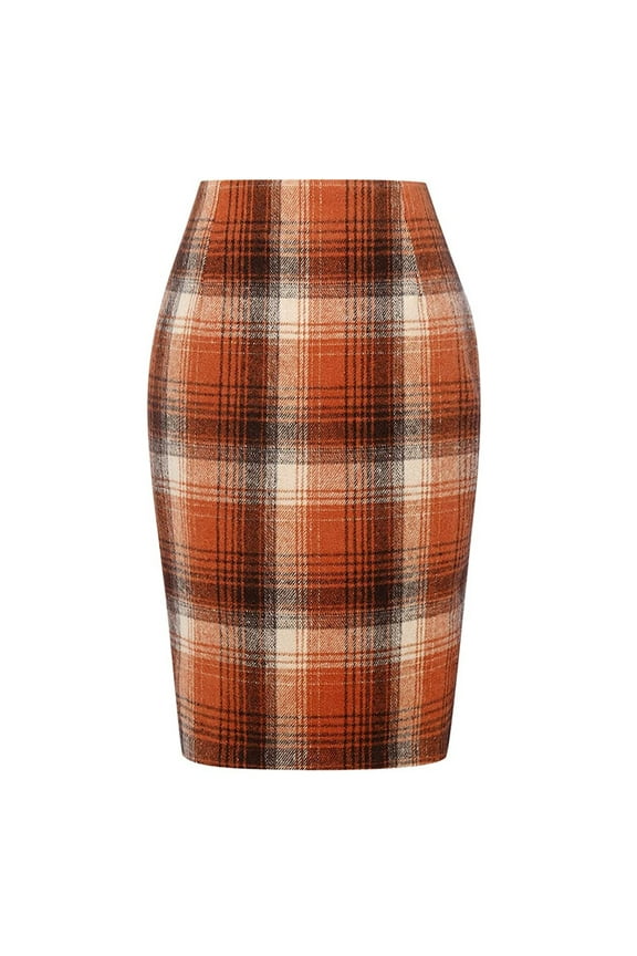 Sweater Dress for Women Midi Plaid Skirts for Women 2025 High Waisted Fall Winter Warm Knee Length Pencil Stretchy Skirt Blue Orange S