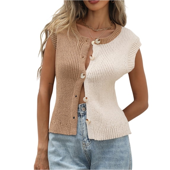 Stichou Sweater Vest for Women Tops Color Block Button Down 2026 Spring Summer Sleeveless Cardigan Crew Neck Knitted Shirt Khaki M