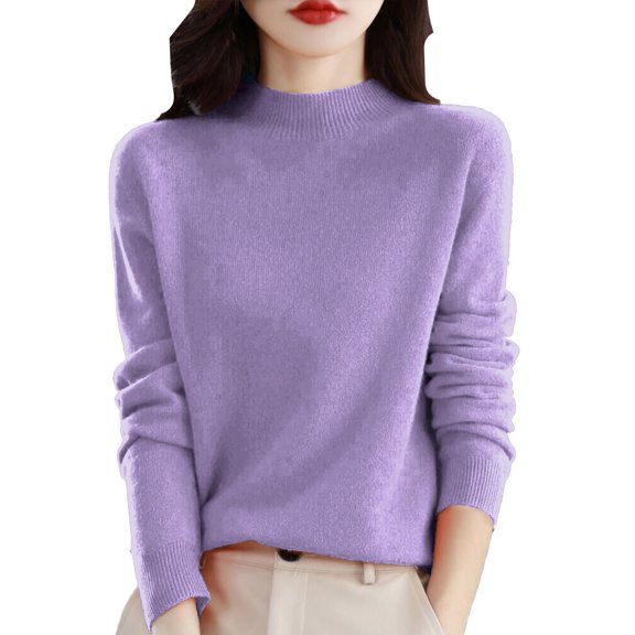 Stichou Sweaters for Women Half Turtleneck Long Sleeve Jumper Solid Knitted Pullover Warm Merino Wool Sweater Tops Purple 2XL