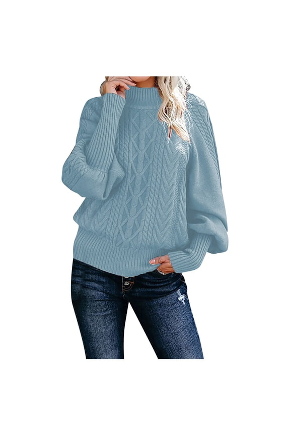 Sweaters for Women Long Sleeve Fall Winter Trendy Cable Knit Casual Turtleneck Crew Neck Pullover Sweater Tops Blue M