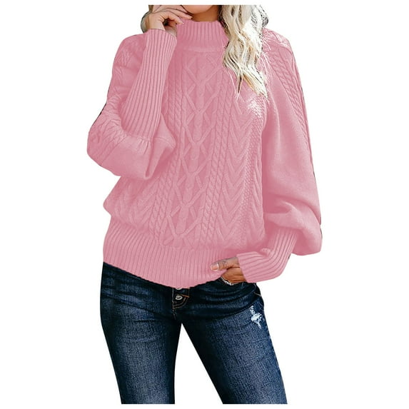 Stichou Sweaters for Women Long Sleeve Fall Winter Trendy Cable Knit Casual Turtleneck Crew Neck Pullover Sweater Tops Pink M