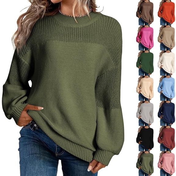 Stichou Sweaters for Women Trendy Knit Crew Neck Sweater Winter Holiday Warm Ladies Long Sleeve Pullover Sweaters Dark Green S