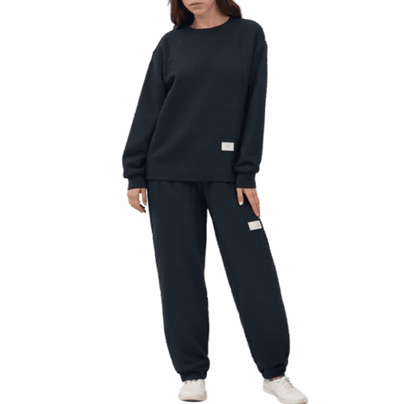 Stichou Sweatsuits Two Piece for Women 2026 Oversized Outfits Lounge Sets Round Neck Long Sleeve Pullover and Baggy Sweatpants Navy 5XL