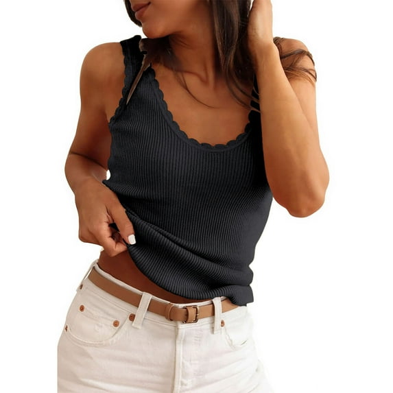 Stichou Tank Tops for Women 2026 Summer Sleeveless V Neck Ruffle Lightweight Ribbed Knit Shirt Casual Going Out Tops Black M