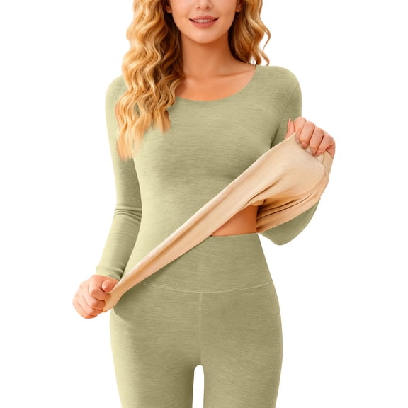 Stichou Thermal Underwear Tops for Women with Fleece Lined Long Sleeves Base Layer Warm Shirts Green L