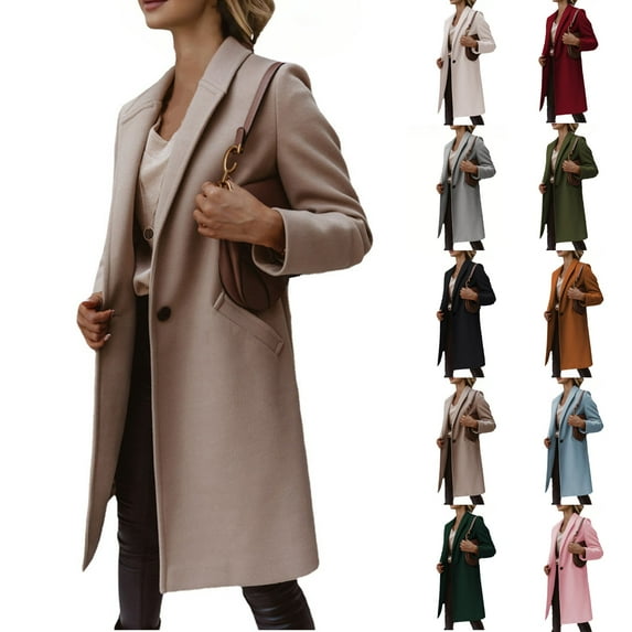Stichou Trench Coat Women,Ladies Elegant Lapel Solid Button Down Blazer Casual Fall Winter Work Wear Long Windbreaker Trench Coat Khaki 2XL