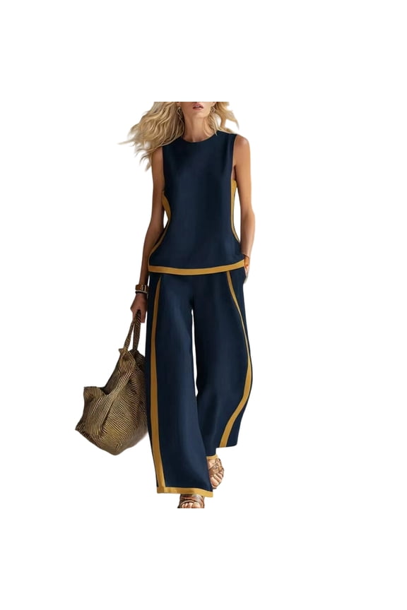 Twp Piece Outfits for Women Summer Sleeveless Wide Leg Capris Tracksuits Casual Cotrast Colors Lounge Sets Navy XL