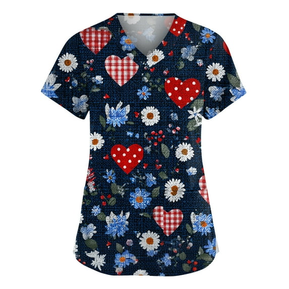 Stichou Valentines Scrub Tops for Women Plus Size Love Heart Graphic Happy Short Sleeve Medical Nursing Uniforms Comfort V Neck Casual T Shirts with Pockets Dark Blue XL