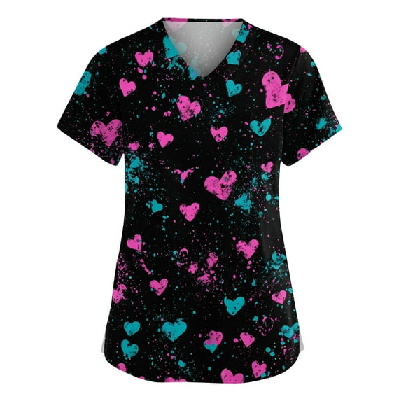 Stichou Valentines Scrub Tops for Women Plus Size Love Heart Graphic Happy Short Sleeve Medical Nursing Uniforms Soft V Neck Workout Clothes with Pockets Black XL