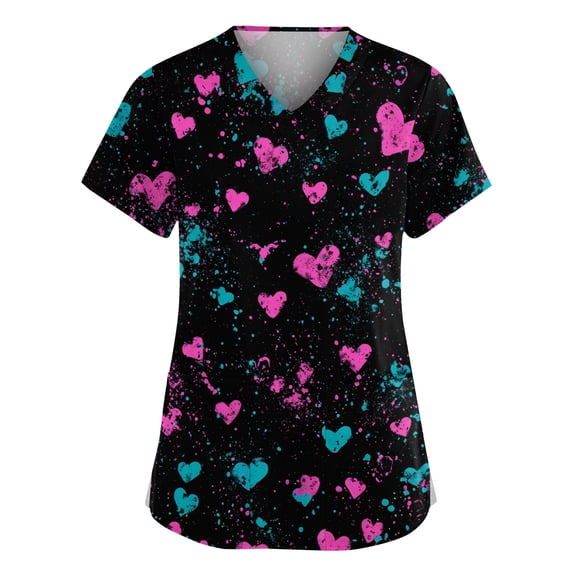 Stichou Valentines Scrub Tops for Women Plus Size Love Heart Graphic Happy Short Sleeve Nurse Uniforms Comfort V-Neck Casual T Shirts with Pockets Black L