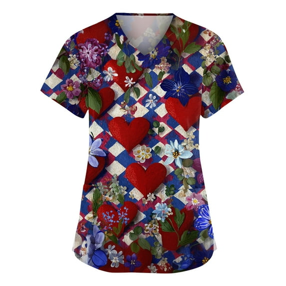 Stichou Valentines Scrub Tops for Women Plus Size Love Heart Print Funny Short Sleeve Nurse Working Uniforms Lightweight V Neck Workout T Shirts with Pockets Red S