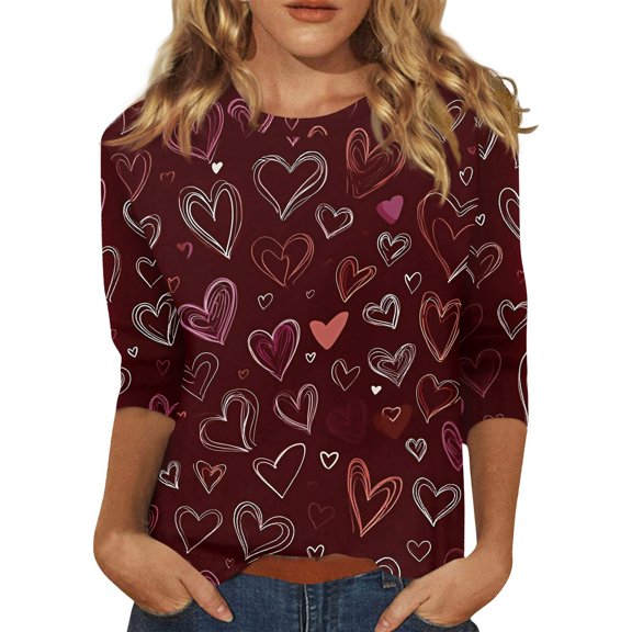 Stichou Valentines T Shirts for Women 3/4 Sleeve Cute Love Heart Print Tops Comfort Blouse Fashion Crewneck Tee Wine 2XL