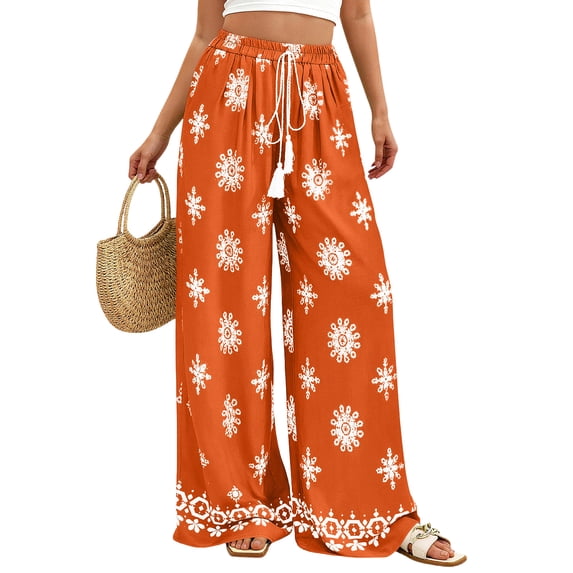 Stichou Wide Leg Palazzo Pants for Women 2026 Summer Spring Boho Floral Trousers Spring Flowy Beach Vacation Clothes Resort Wear Orange 2XL