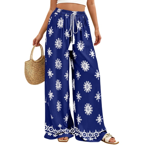 Stichou Wide Leg Palazzo Pants for Women 2026 Summer Spring Boho Floral Trousers Spring Flowy Beach Vacation Clothes Resort Wear Royal Blue S