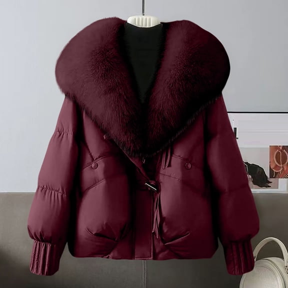 Stichou Winter Coats for Women Comfort Faux Fur Collar Down Puffer Jacket Fashions Thicken Windproof Warm Puffer Coats Wine L