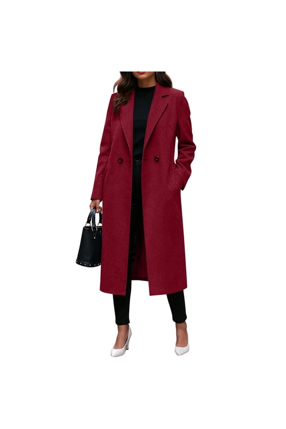 Winter Coats for Women,Notch Lapel Double Breasted Wool Blend Mid Long Pea Trench Coat Red L