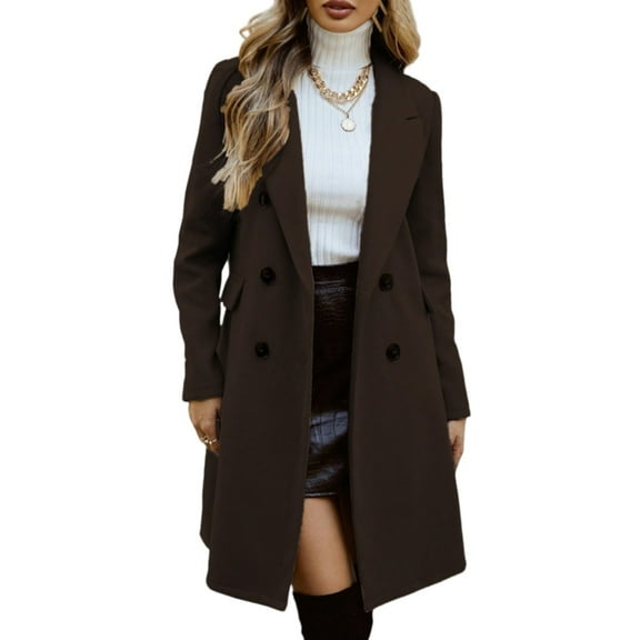 Stichou Winter Coats for Women, Wool Blend Camel Mid-Long Coat Notch Double-Breasted Lapel Jacket Coffee S