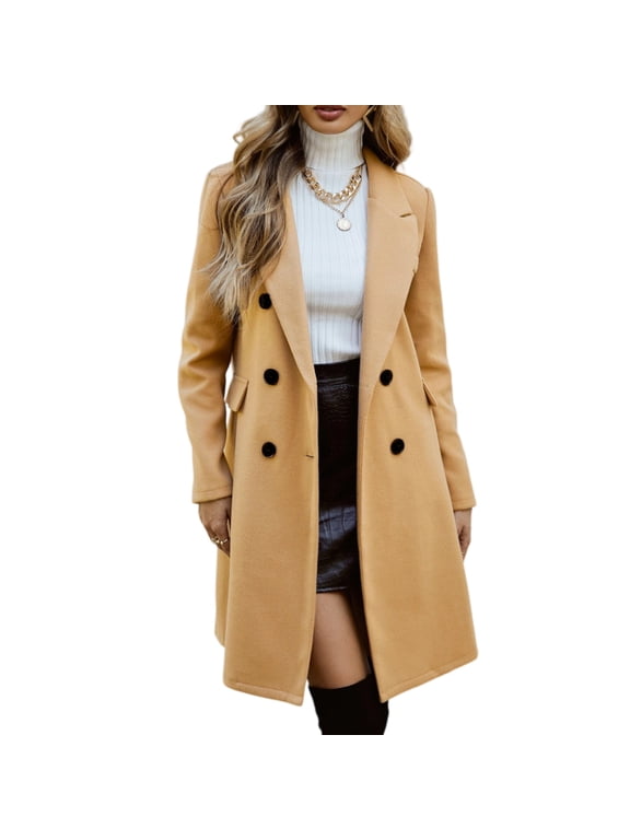 Winter Coats for Women, Wool Blend Camel Mid-Long Coat Notch Double-Breasted Lapel Jacket Khaki XL