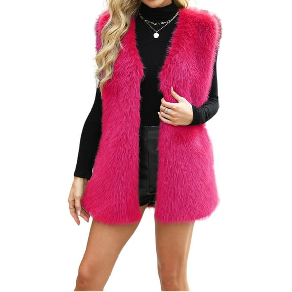 Stichou Winter Faux Fur Coats for Women Sleeveless Open Front Vests Coat Fashion Warm Solid Color Outerwear Jacket Hot Pink L