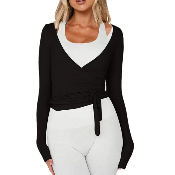 Stichou Women Ballet Wrap Top Long Sleeve Self Tie Dance Shirt Pilates Yoga Tops Y2k Workout Active Blouses Black S