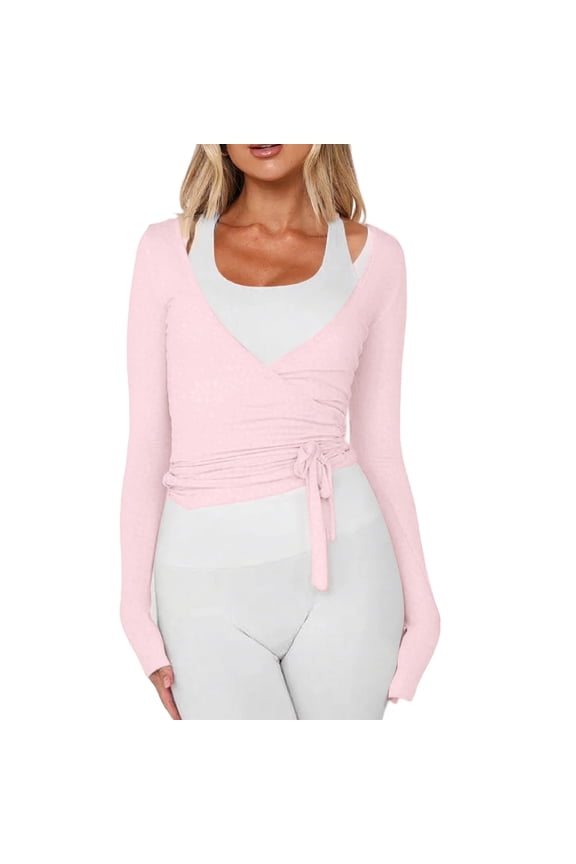 Women Ballet Wrap Top Long Sleeve Self Tie Dance Shirt Pilates Yoga Tops Y2k Workout Active Blouses Pink S