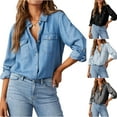 thumbnail image 1 of Stichou Women Button Down Denim Shirts Casual Long Sleeve V Neck Fall Fashion Blouse Top Blue L, 1 of 5