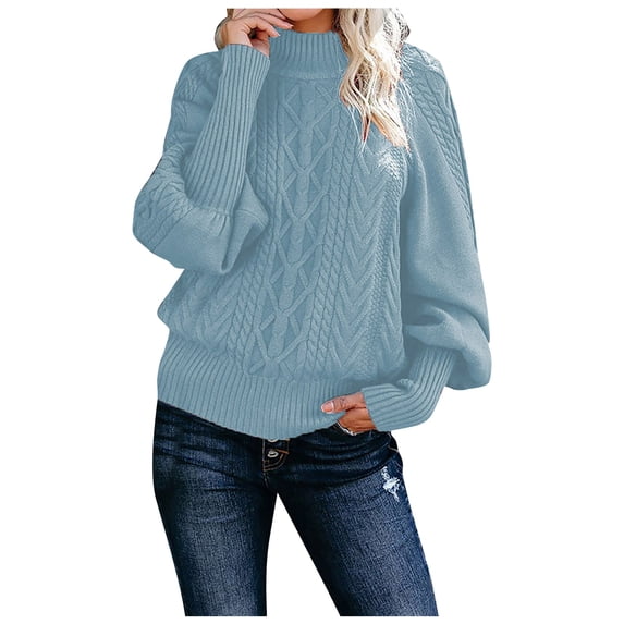 Stichou Women Casual Turtleneck Long Sleeve Sweater Cable Knit Pullover Solid Slim Fit Sweater Turtleneck Tops Fall Winter Clothes Blue XL