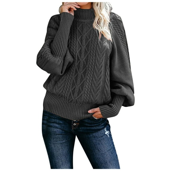 Stichou Women Casual Turtleneck Long Sleeve Sweater Cable Knit Pullover Solid Slim Fit Sweater Turtleneck Tops Fall Winter Clothes Dark Gray XL