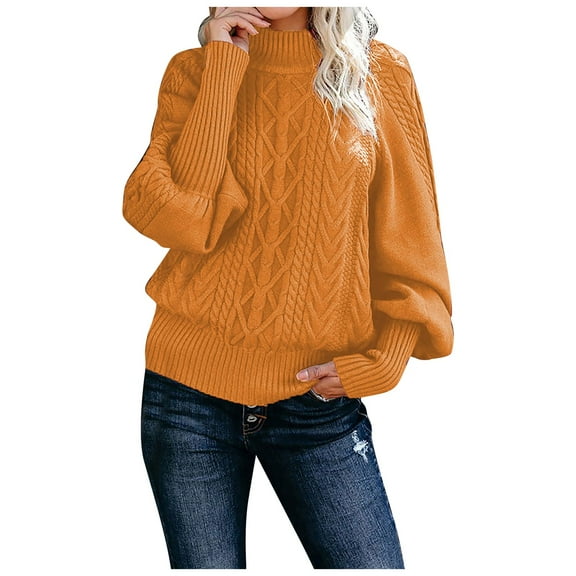 Stichou Women Casual Turtleneck Long Sleeve Sweater Cable Knit Pullover Solid Slim Fit Sweater Turtleneck Tops Fall Winter Clothes Ginger XL