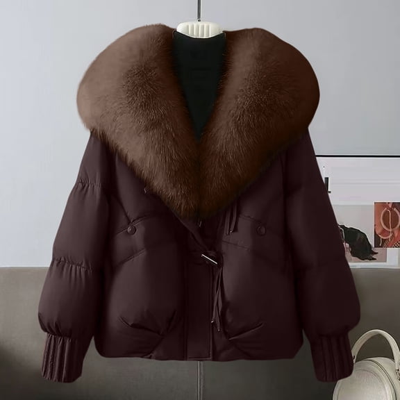 Stichou Women Down Parka Loose Winter Fashion Jacket Thick Warm Puffer Coat with Faux Fur Collar Outerwear Brown XL