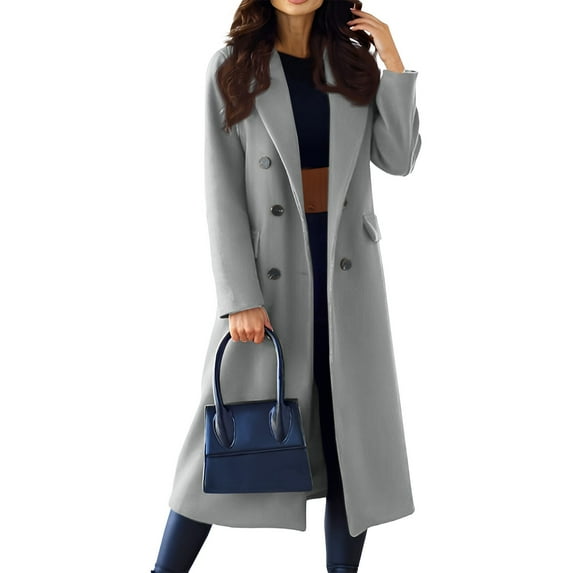 Stichou Women Elegant Wool Pea Coat Lapel Collar Double Breasted Mid-Long Winter Overcoats with Belted Pockets Light Gray 2XL