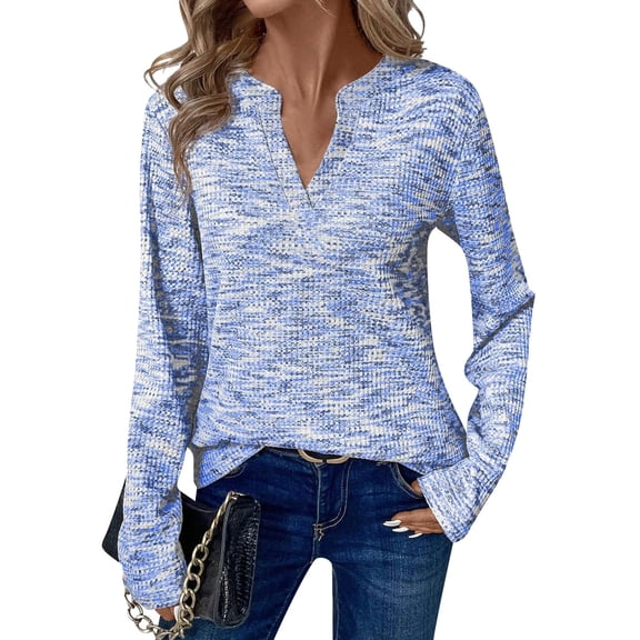 Stichou Women Knit Tops Long Sleeve V Neck Shirts Dressy Casual Fit Pullover Tunic Fall Spring Waffle Blouses Sky Blue XL